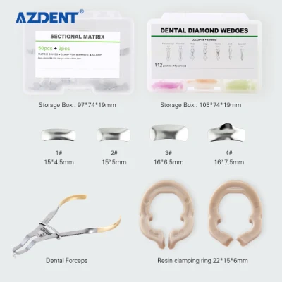 Bandas de matriz de acero inoxidable contorneadas seccionales dentales Azdent 100PCS + Kit de 2 anillos